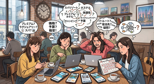 高級ホテルを希望する人と格安宿を希望する人、あるいはグルメ旅vsアクティビティ旅で意見が噛み合わない図