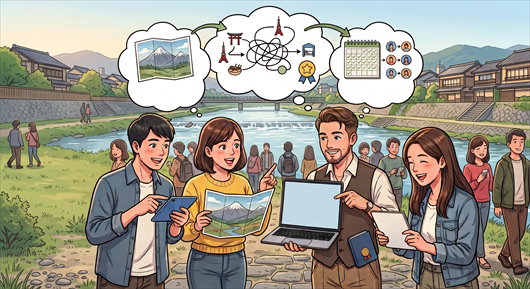 目的や日程がぴったりの旅友達とマッチングし、旅先(観光地やカフェ)で笑顔で楽しむ40代の男女
